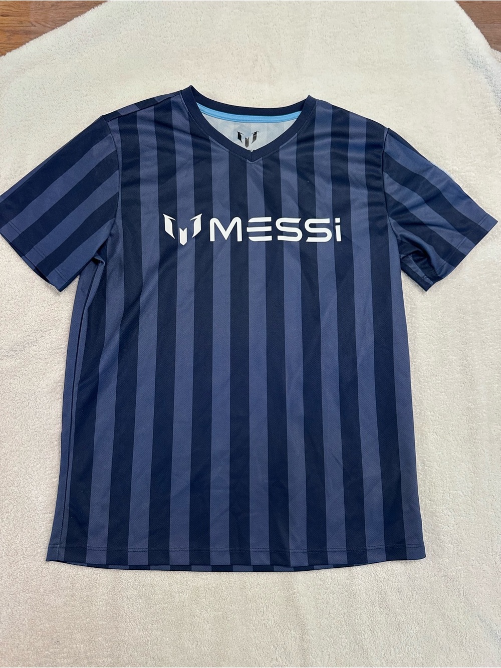 MESSi Kids Size Large (14/16) Navy Striped Soccer Jersey